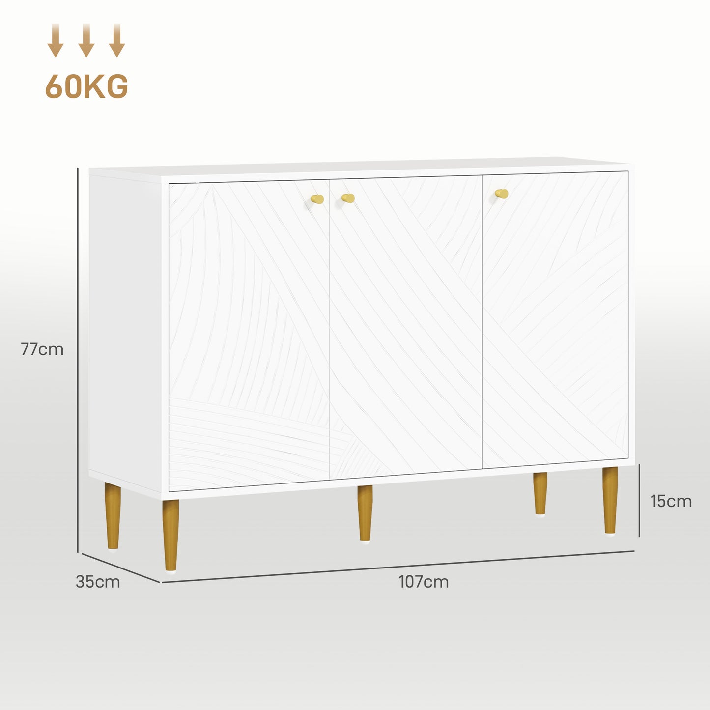HOMCOM Buffet, Storage Furniture, with 2 Cabinets, 3 Carved Line Doors, Adjustable Shelves, Golden Steel Feet, White