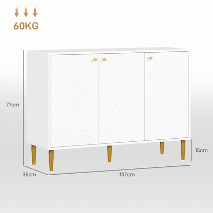 HOMCOM Buffet, Storage Furniture, with 2 Cabinets, 3 Carved Line Doors, Adjustable Shelves, Golden Steel Feet, White