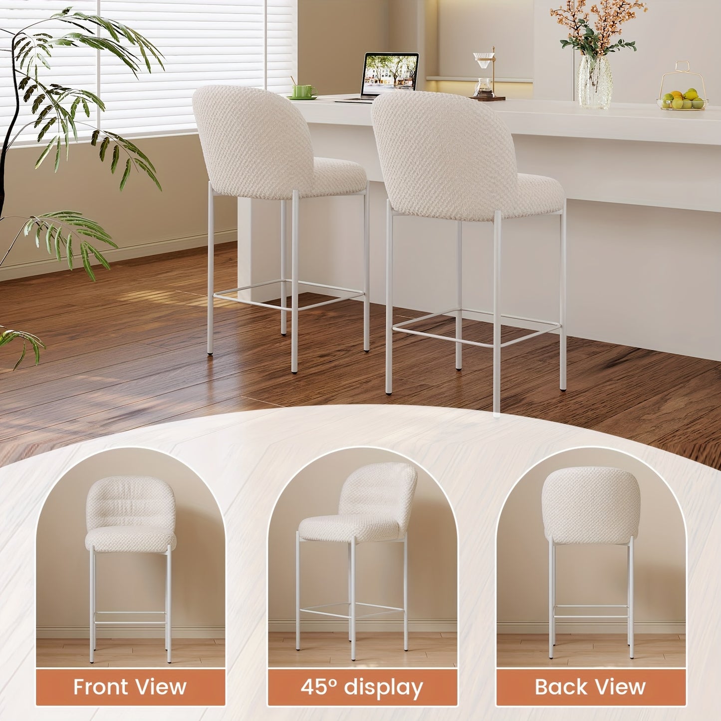 Barstoel – Barkruk – Barkrukken – Barstoel Met Rugleuning – Keukenstoel Set Van 2 – Modern Design – Zacht Gewatteerd Beige Kussen – Stabiel Wit Metalen Frame