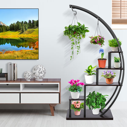 Plantenstandaard – Bloemenrek – Plantentrap – Plantenrek – Indoor plantenhouder – 5-laags metaal – Halve maan ontwerp – 4 haken – 60,96x35,56x144,78 cm – Duurzaam MDF & Metaal