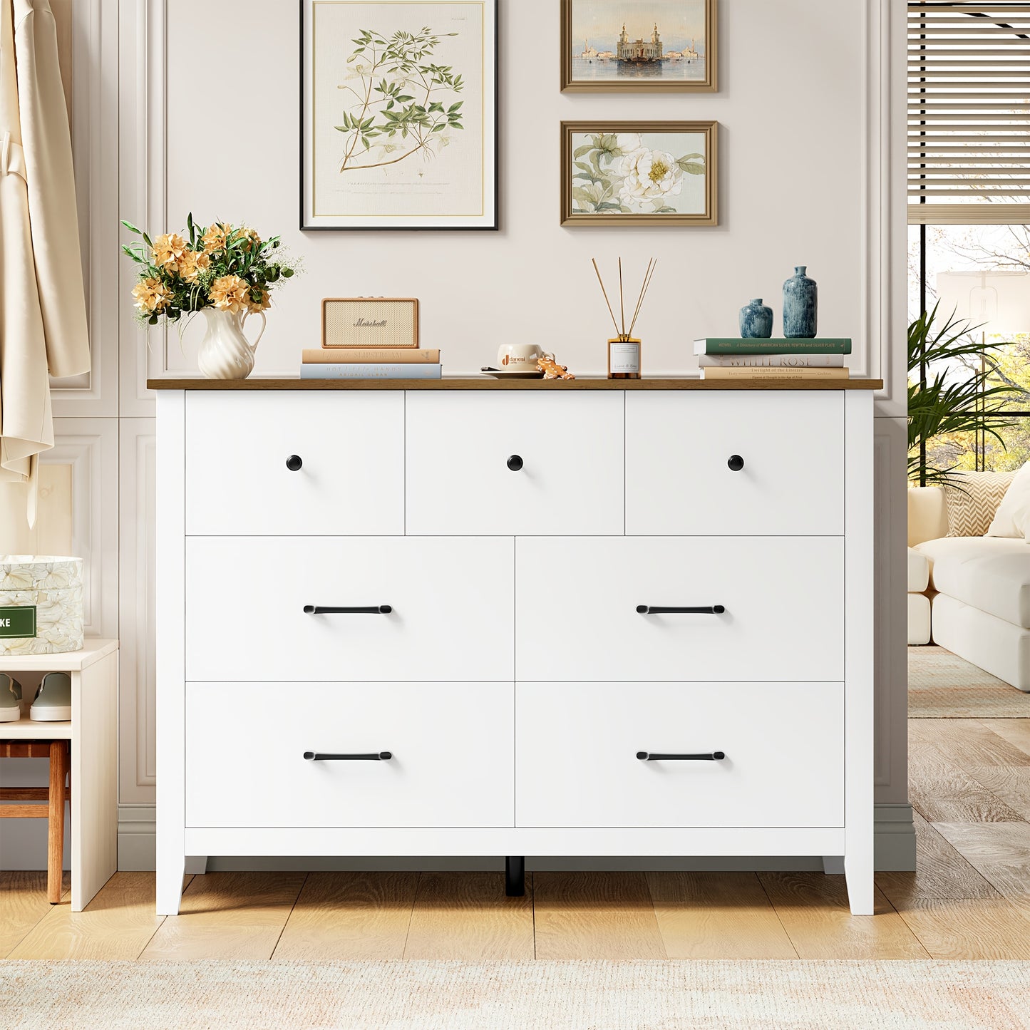Ladekast – Ladekastje – Ladenkast – Commode – Dressoir – 7 Lades – Wit Met Houtlook – Compact 40x106x81 cm