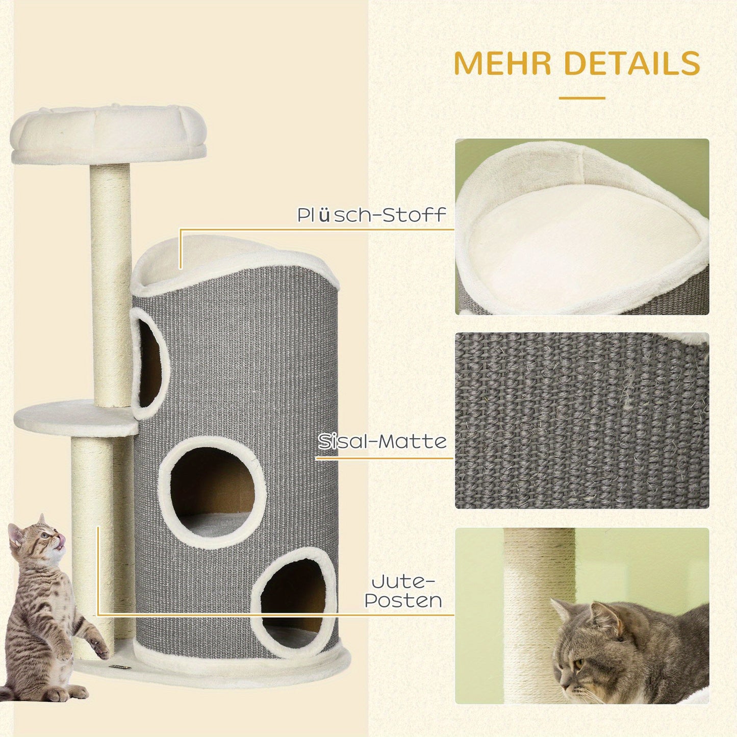 Kattenklimpaal – Kattenboom – Krabpaal – Krabmeubel – Kattenhuis – 109 cm Hoog – Sisal Krabpalen – Wit Grijs Multiplex