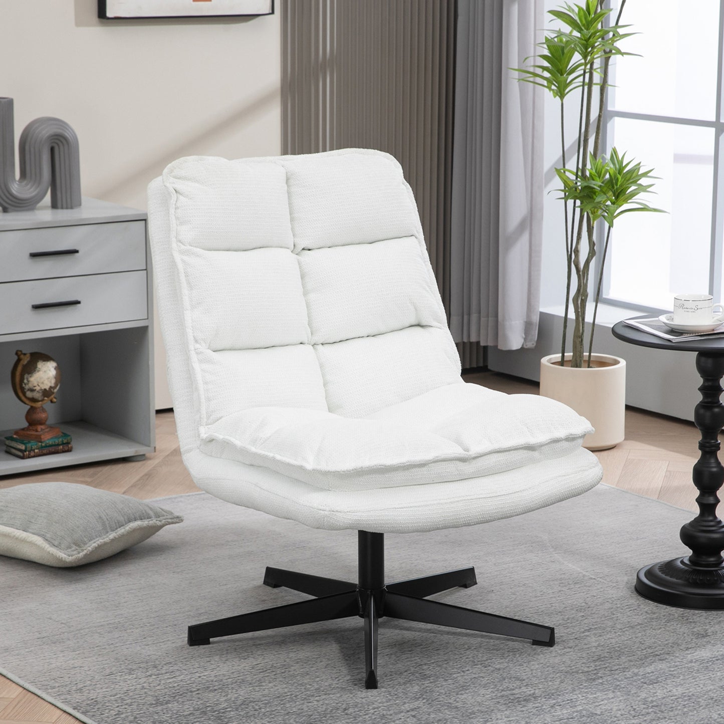 Draaifauteuil – Lounge Chair – Fauteuil – Relaxstoel – Zithoekstoel – Wit – Inklapbare Rugleuning – 360° Draaifunctie