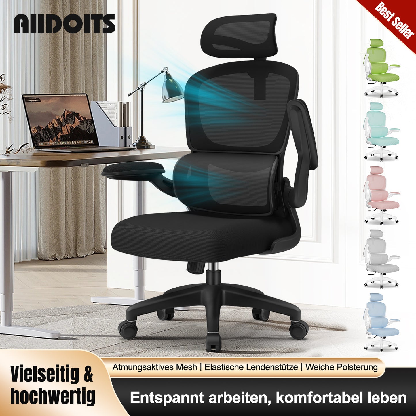 Office Chair with Adjustable Headrest, Armrests, and Lumbar Support, Load Capacity up to 150 kg