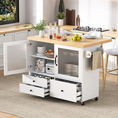 Mobile Kitchen Island with Castors and Extendable Dining Table | Featuring Glass Rack, Storage Compartments, Enclosed-Storage, Metal, Ideal for Kitchens and Dining Areas, White