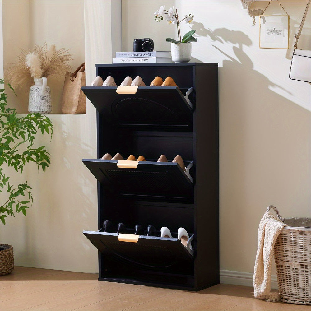 Schoenenkast – Schoenenrek – Schoenenopberger – Halmeubel – Schoenenbankje – Smal Modern Design – 3 Lagen Met Baffles – Wit MDF – 60x24x114 cm – Ruimtebesparend Verticaal