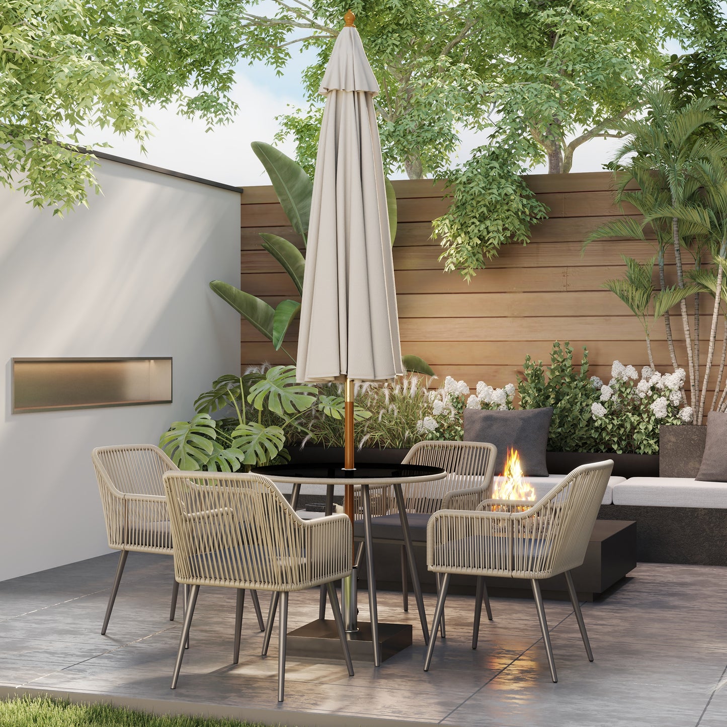 4-persoons tuinset – tuinstoelen – tuinmeubelset – buitenmeubilair – loungeset – PE-rattan met metalen frame – ronde tafel met gehard glas en parasolgat – kussens met afneembare hoezen – compact design chestnut bruin