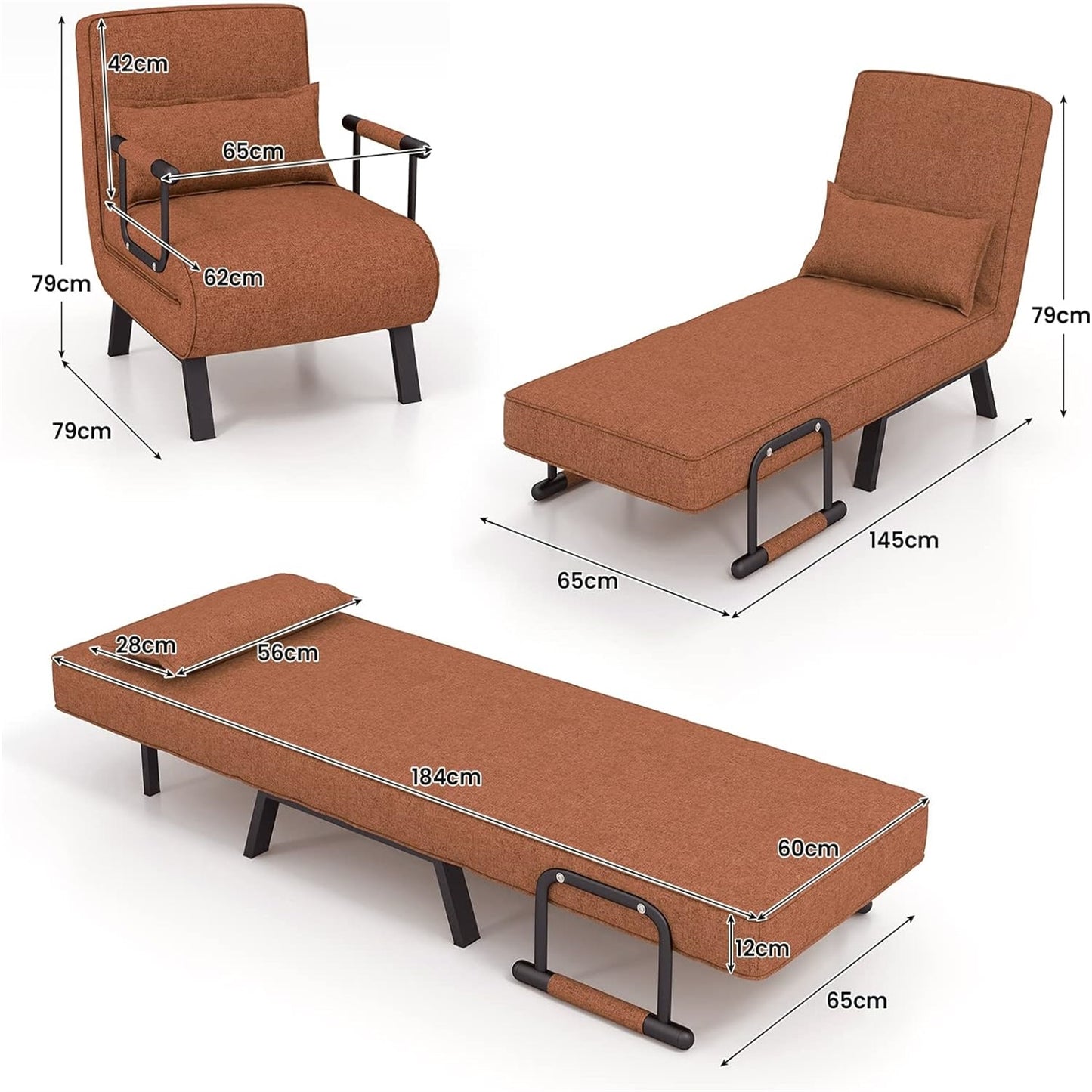 4-in-1 Slaapbank – Slaapstoel – Loungestoel – Opvouwbare Bank – Eénpersoonsbed – 6-voudig Verstelbare Rugleuning – Comfortabel Linnen Met Katoenen Vulling – Coffee Gray