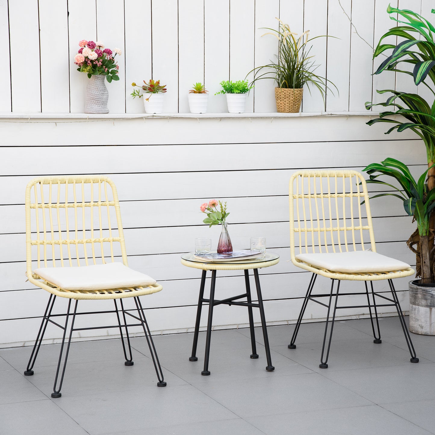 Bistro Tuinset 2 Personen – Tuinmeubel Set – Balkon Set – Terras Meubilair – 3-Delig Creme – Weerbestendig PE-Rattan – Gehard Glas Tafelblad