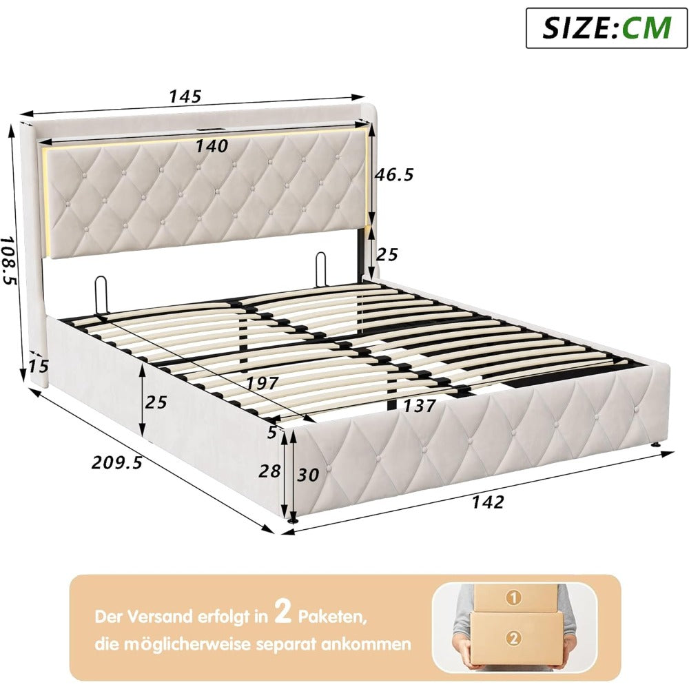Tweepersoonsbed – Bed Met Opbergruimte – Led Bed – Fluwelen Bed – Oplaadbaar Bed – 140x200 cm – Verstelbare RGB LED Verlichting – Ingebouwde USB- en Type-C Poorten
