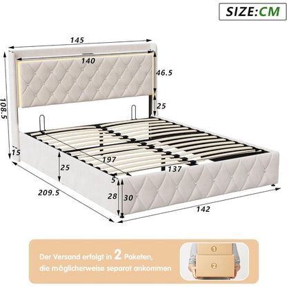 Tweepersoonsbed – Bed Met Opbergruimte – Led Bed – Fluwelen Bed – Oplaadbaar Bed – 140x200 cm – Verstelbare RGB LED Verlichting – Ingebouwde USB- en Type-C Poorten