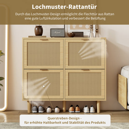 BTM Shoe Cabinet with 4 Folding Drawers, Rattan Shoe Dresser with Metal Handles, Shoe Rack for Hallway, Bedroom, Apartment, Wooden Furniture, Rustic Style, Dimensions: 100 x 25 x 90 cm