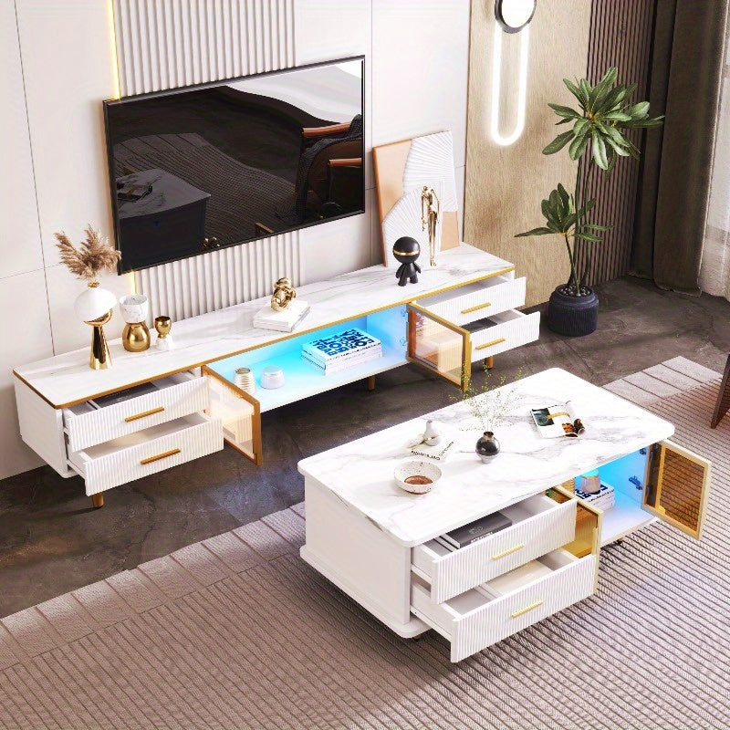 TV Meubel – Lowboard – Entertainmentkast – Sideboard – Dressoir – 4 Lades – Bruin Gehard Glas – 170 cm Hoogte – Marmerlook & Gouden Handvaten