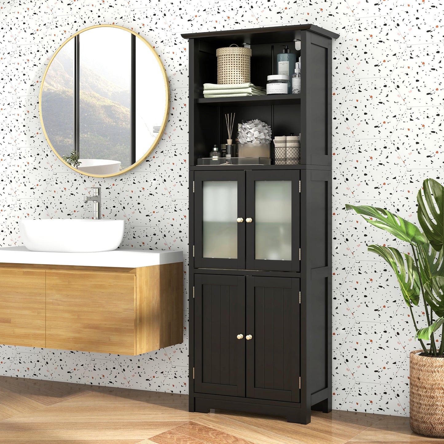 Badkamerkast – Badkamermeubel – Opbergkast – Kolomkast – Wastafelonderkast – 163 cm Hoog – MDF Met Gehard Glas