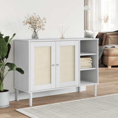 Modern Rattan Look Sideboard with Removable Shelves - Solid Pinewood, 3-Drawer & Open Shelf Design, Light Beige Finish for Living Room Organization, 112x40x80cm, Sideboard Cabinet, Minimalist Decor, Natural Wood Texture