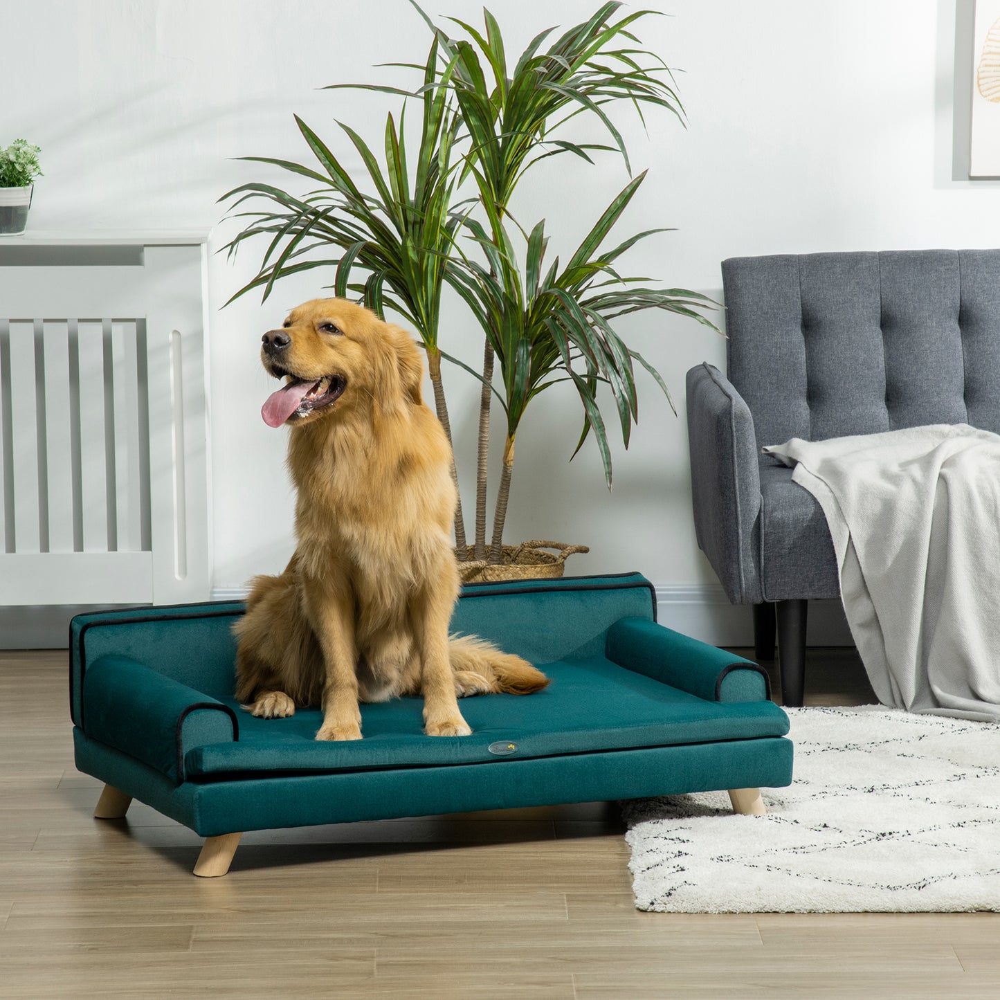 Dierenbank – Huisdieren Sofa – Kattenbank – Hondenbed – Dieren Sofa – Scandinavisch Design – Zacht Kussen – Afneembare Wasbare Hoes – Houten Frame – 100x62x32 cm – Eendblauw