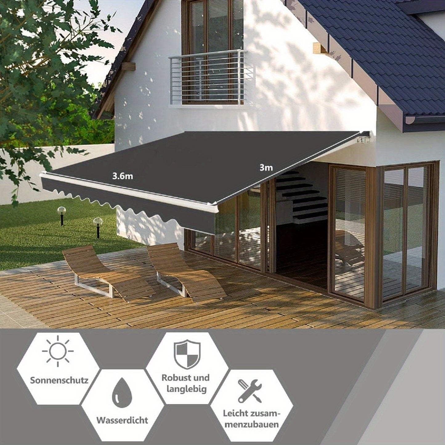Verstelbare Zonwering – Knikarmscherm – Terrasdoek – Balkonzonwering – Uitschuifbare Luifel – Aluminium Frame – 3,6x3 Meter – Verstelbare Hoek 40°-100°