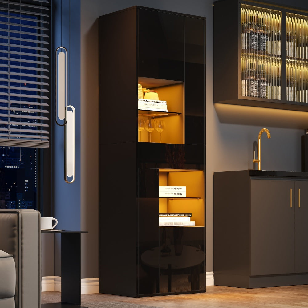 Dressoir – Opbergkast – Ladekast – Buffetkast – Kast – Zwart – Glazen Deuren – 55x38x170 cm – 4 Kasten & 1 Lade – Modern Minimalistisch Design