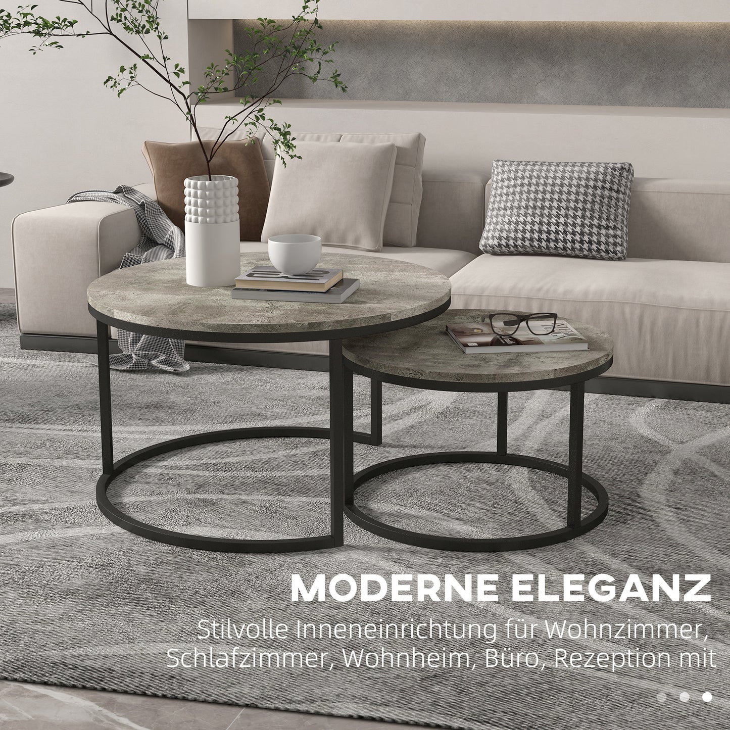 Bijzettafels – Salontafel – Side Table – Nachtkastje – Tafelset – Industrieel Design – Metalen Frame – Cement Look – Ruimtebesparend – Duurzaam MDF