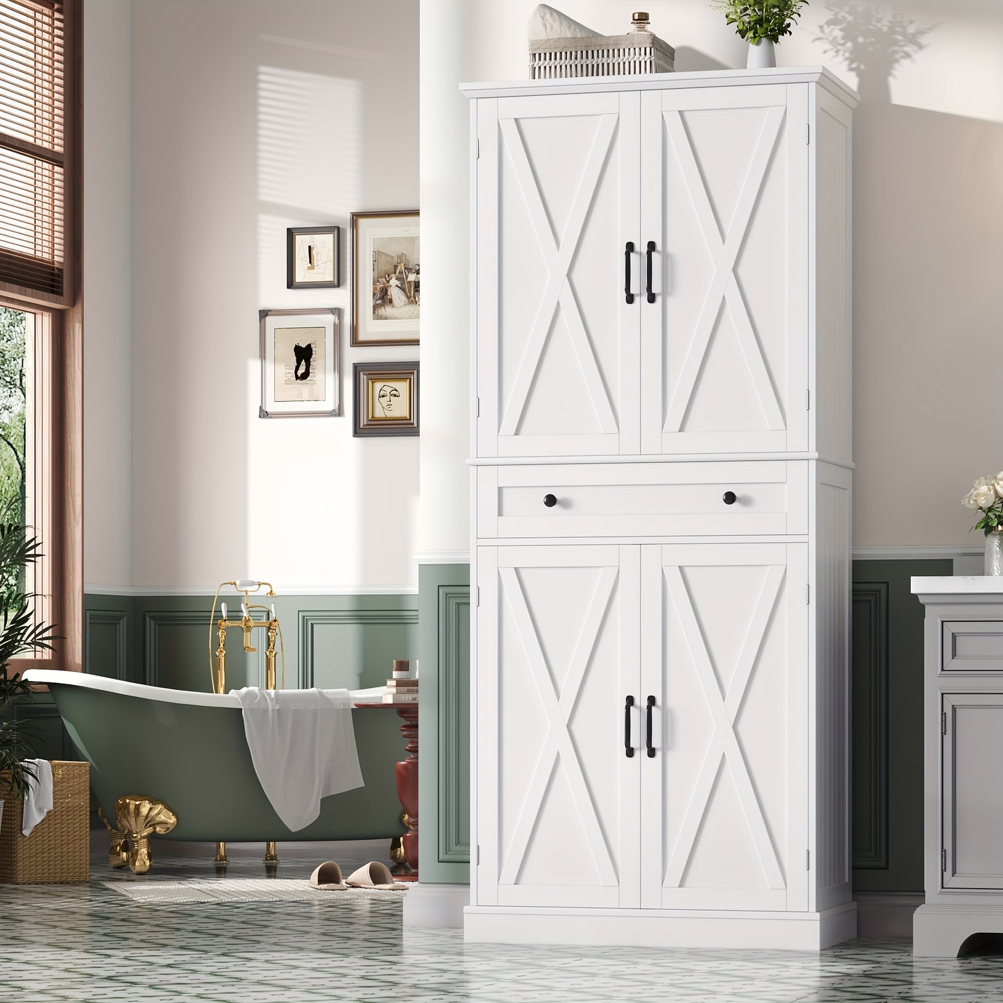 Kealive 181.5cm Kitchen Cabinet Buffet Cabinet Tall Cabinet Kitchen Buffet with 4 Doors And Drawer, Multi-Purpose Cabinet for Living Room Kitchen White Shipped In 2 Package,  Storage Solution, Modern Cabinet, Contemporary Fur