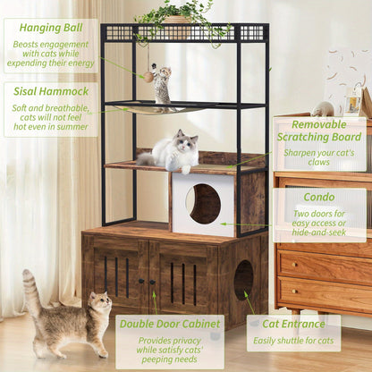 Kattenmeubel – Kattenbakmeubel – Kattenhuis – Kattencondo – Kattenkast – Massief Hout & Metaal – Verborgen Kattenbak & Opbergruimte – Bruin Retro