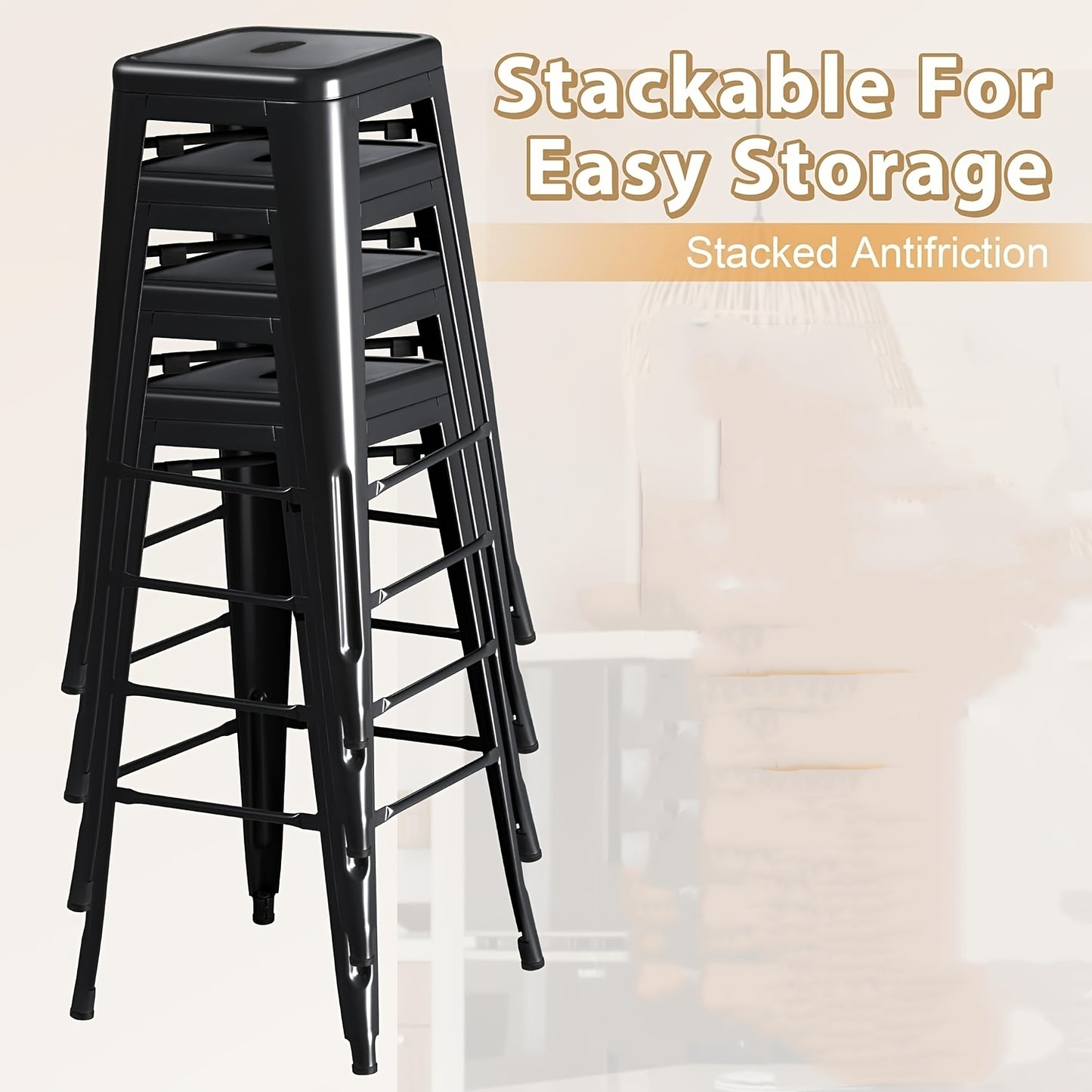 Barstoel – Barkruk – Barkrukken – Barstoel Zonder Rugleuning – Stoel – Stoelen – Metalen Barkruk Set van 4 – Stapelbaar – Industrieel Design – Zithoogte 76 cm – Slijtvast & Makkelijk Schoon Te Maken