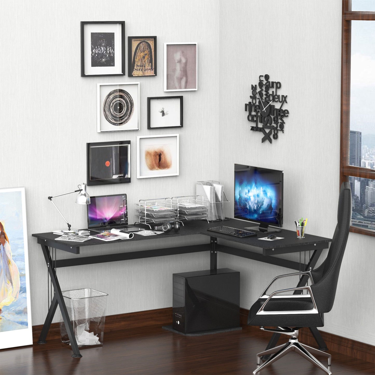 Hoekbureau – Computerbureau – Bureau – Werkplek – Bureau Met Opbergruimte – Zwart MDF Blad – Robuust Stalen Frame – 155x130x76 cm – Anti-slip Pootdoppen
