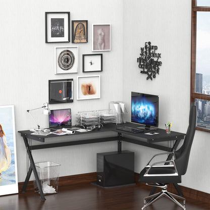 Hoekbureau – Computerbureau – Bureau – Werkplek – Bureau Met Opbergruimte – Zwart MDF Blad – Robuust Stalen Frame – 155x130x76 cm – Anti-slip Pootdoppen