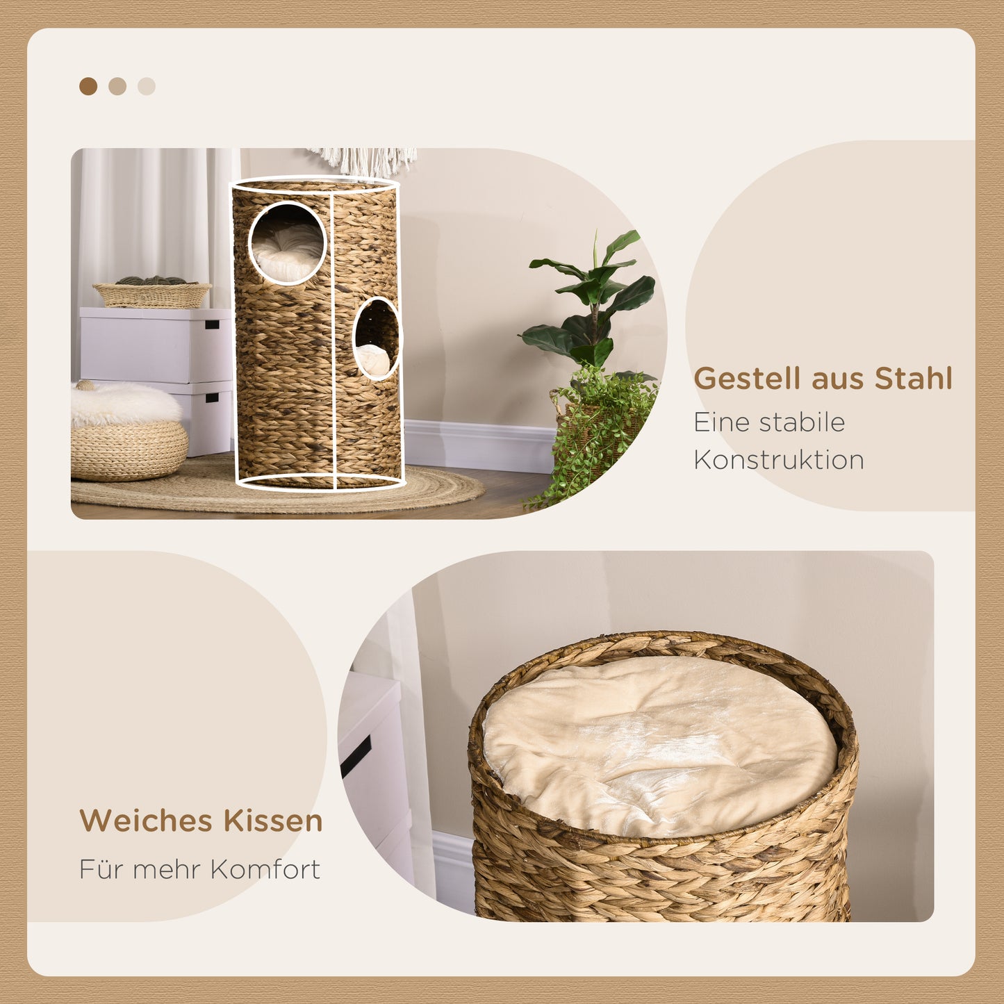 Kattenhol – Kattenhuis – Kattenmand – Kattenhuisje – Kattenhut – Boho Design – 3 Niveaus Met Kussen – Ø40 x 73 cm Lichtbruin & Crème Wit