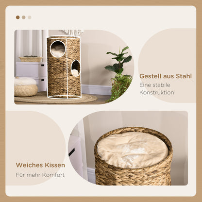 Kattenhol – Kattenhuis – Kattenmand – Kattenhuisje – Kattenhut – Boho Design – 3 Niveaus Met Kussen – Ø40 x 73 cm Lichtbruin & Crème Wit
