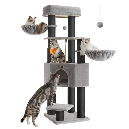 Krabpaal – Kattenboom – Krabmeubel – Kattenhuis – Krabstam – 160 cm Hoog – 9 Dikke Sisal Palen - Duifgrijs en Zwart