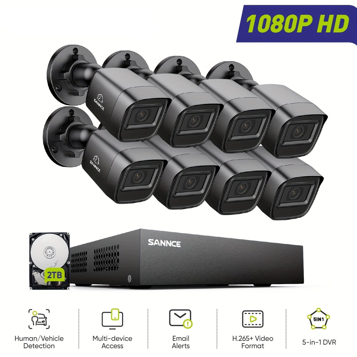Beveiligingscamera Set – Camerasysteem – Surveillance Camera’s – CCTV Camera’s – Beveiligingskit – 1080P Full HD – 2TB Opslag met Nachtzicht en Mens- en Voertuigdectectie