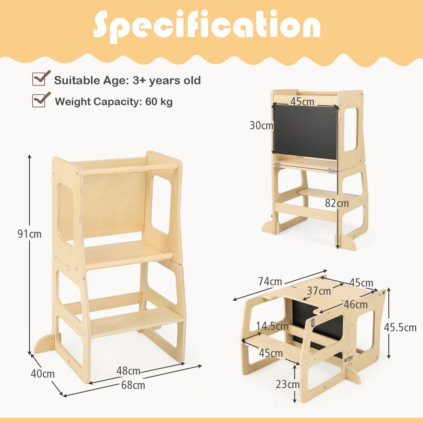 Loopstoel – Peuter Toren – Loopwagen – Loopstoeltje – Babyloopstoel – Houten 3-in-1 Stapelkruk – Inclusief Krijtbord – Veilig En Stevig Design