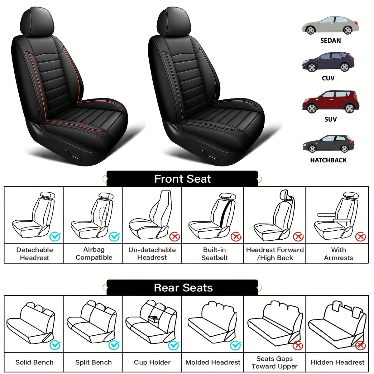 Universal PU Leather Car Seat Covers Full Set, for Vw Golf, Tiguan, Passat, T-Roc,, Touran, Arteon, ID.4, Adjustable for Front and Rear Seats, Five-Seat All-Season Car Seat Protectors, Non-Slip with Airbag Compatibility