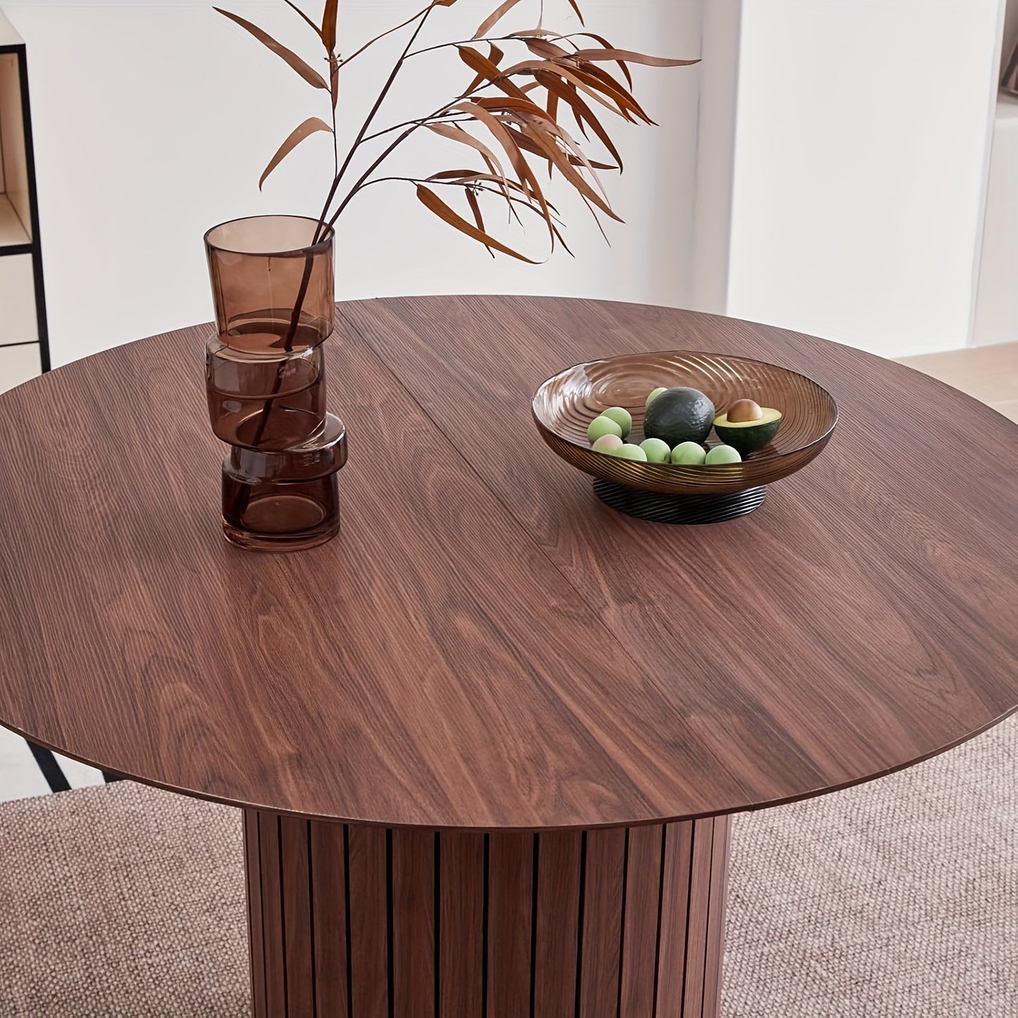 EGoonm 120cm Round Dining Table for 4-6 People - Modern Farmhouse Wood & Metal Kitchen Table with Slatted Pedestal Base, Heavy-Duty MDF/MDF Top, Brown Wood Grain, Adjustable Leveling Feet & Scratch, Easy Assembly (48
