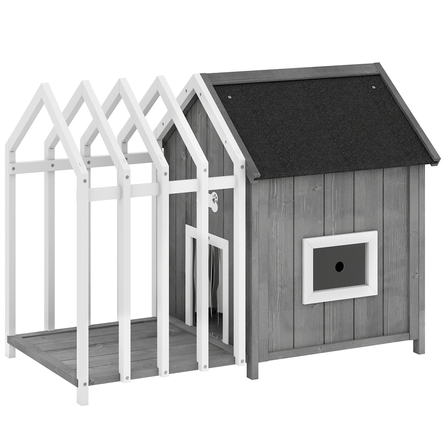 PawHut Outdoor Wooden Dog House with Terrace and Fence, Slatted Door, and Pointed Bitumen Roof, for Garden, Yard, Veranda, Patio, 106 x 62.5 x 80.5 cm, Gray