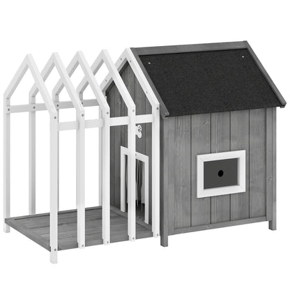 PawHut Outdoor Wooden Dog House with Terrace and Fence, Slatted Door, and Pointed Bitumen Roof, for Garden, Yard, Veranda, Patio, 106 x 62.5 x 80.5 cm, Gray