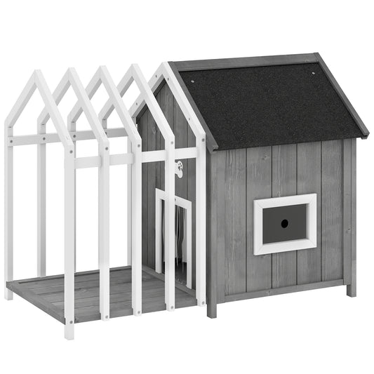 PawHut Outdoor Wooden Dog House with Terrace and Fence, Slatted Door, and Pointed Bitumen Roof, for Garden, Yard, Veranda, Patio, 106 x 62.5 x 80.5 cm, Gray