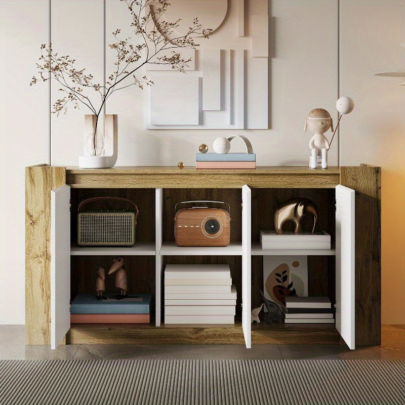 Sideboard – Dressoir – Opbergkast – Buffetkast – Kast Met Schuine Deuren – Softclose Scharnieren – Verstelbare Planken – Wit Met Houtlook – Duurzame Stalen Constructie