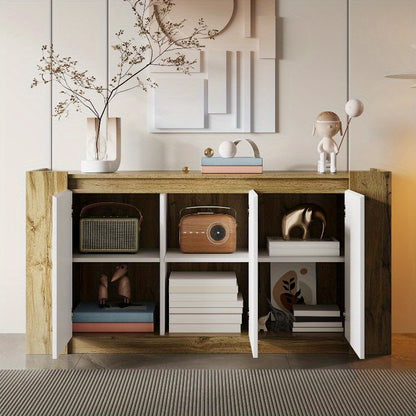 Sideboard – Dressoir – Opbergkast – Buffetkast – Kast Met Schuine Deuren – Softclose Scharnieren – Verstelbare Planken – Wit Met Houtlook – Duurzame Stalen Constructie