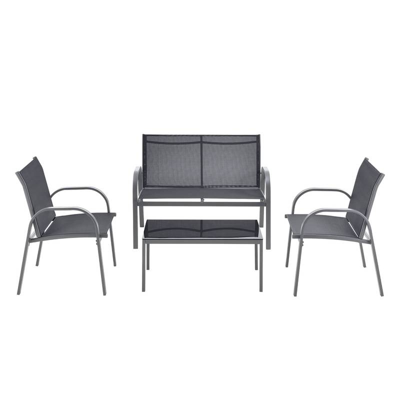 Tuinset – Tuinmeubelset – Bistroset – Loungeset – Balkonset – Stalen Frame – Glasplaat Tafel – Lichtgrijs – 2 Persoons Bank – 2 Stoelen