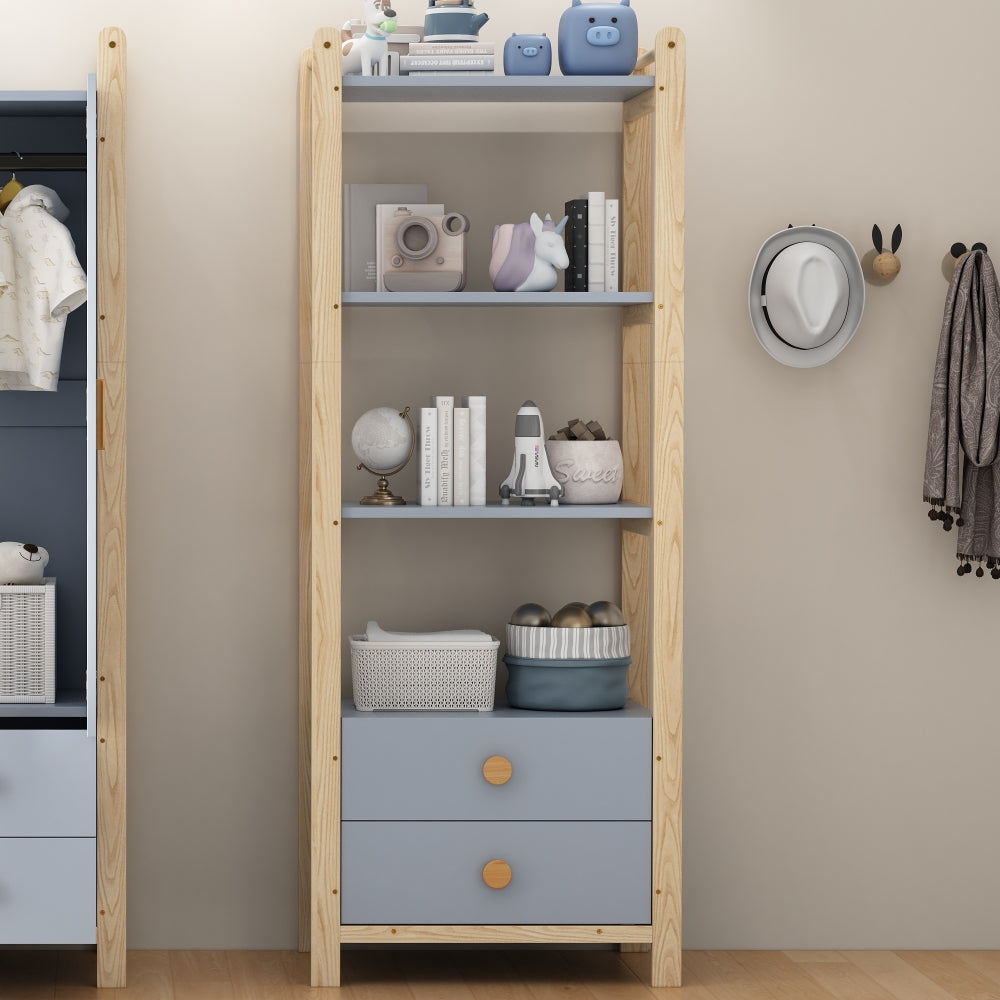 Boekenkast – Boekenrek – Opbergkast – Vakkenkast – Stellingkast – 4-Laags Met 2 Lades – Grenenhout En Blauw Gelamineerd Spaanplaat – Stevig En Ruim 70x44x180 cm