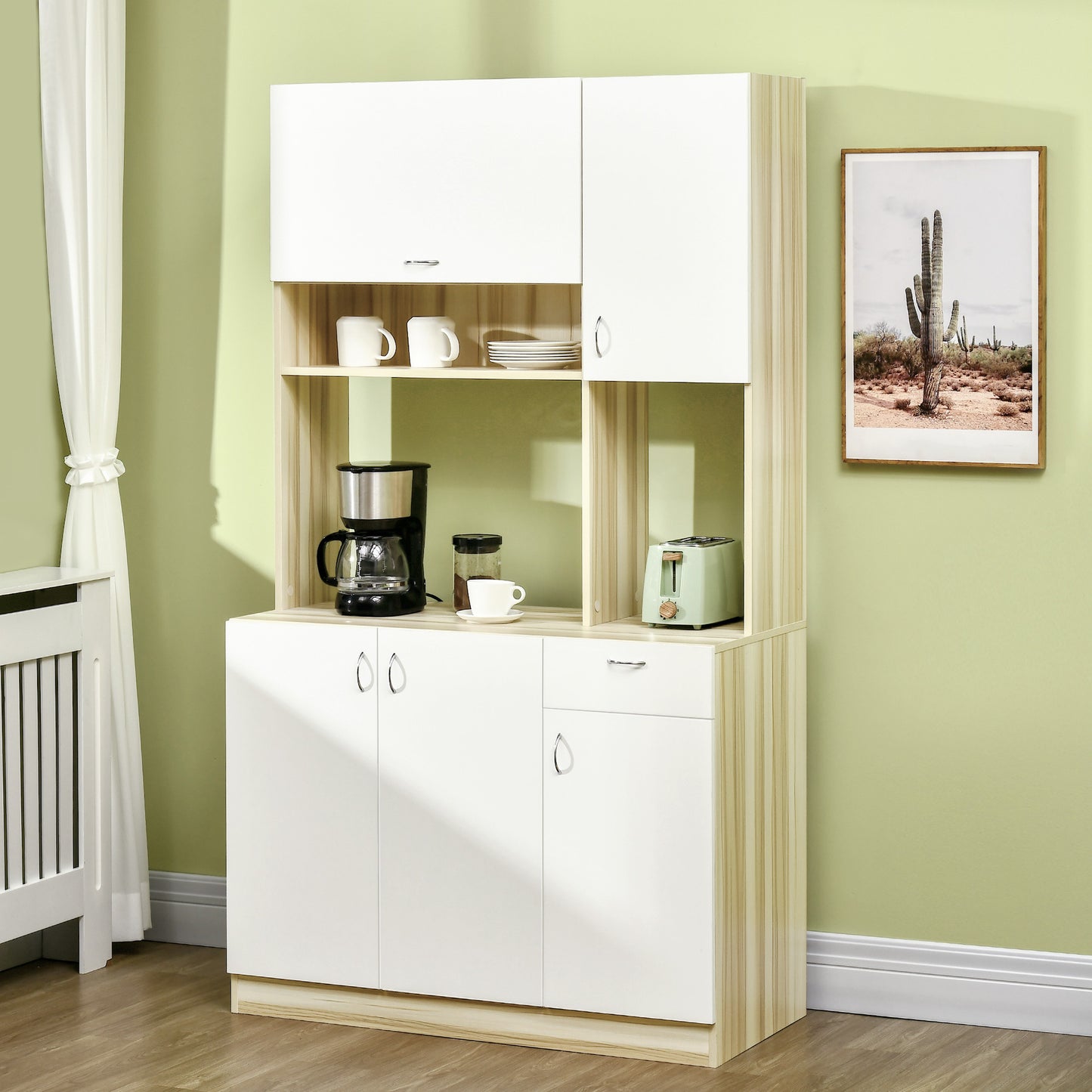 Keukenbuffet – Keukenkast – Dressoir – Kast – Opbergmeubel – Wit/Natuurlijk Hout – Verstelbare Planken – Anti-Kantel Systeem