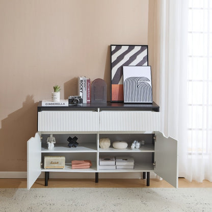 Metaal Opbergkast – Stalen Kast – Dressoir – Buffetkast – Keukenkast – 120 cm Breed – Zwart-Wit Met Riffeldeuren – Verstelbare Planken – Geen Montage Nodig