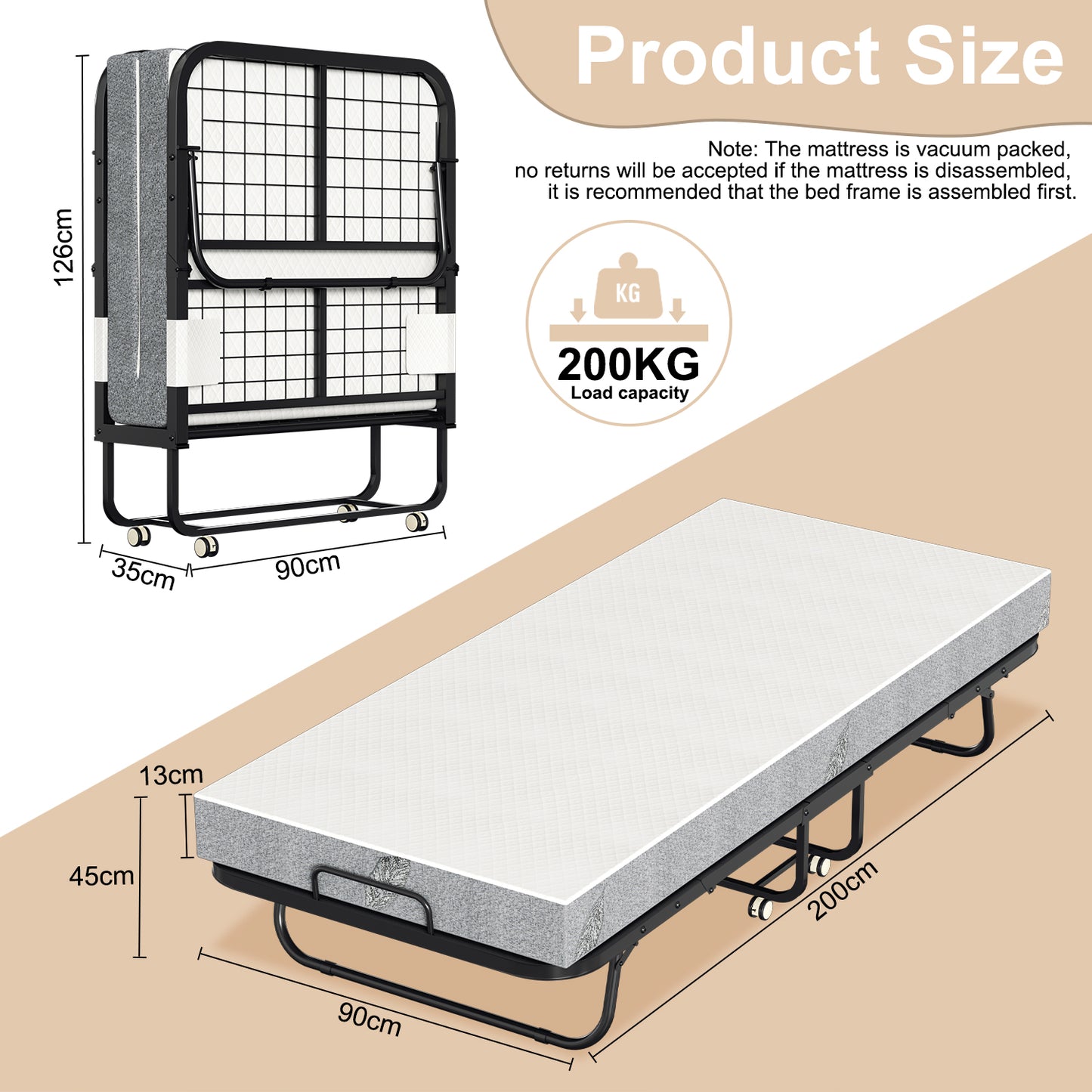 Opvouwbaar Bed – Logeerbed – Vouwbed – Opklapbed – Reisbbed – Metalen Frame – 90x200 cm – 13 cm Schuimmatras – Draagkracht 200 kg