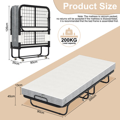 Opvouwbaar Bed – Logeerbed – Vouwbed – Opklapbed – Reisbbed – Metalen Frame – 90x200 cm – 13 cm Schuimmatras – Draagkracht 200 kg