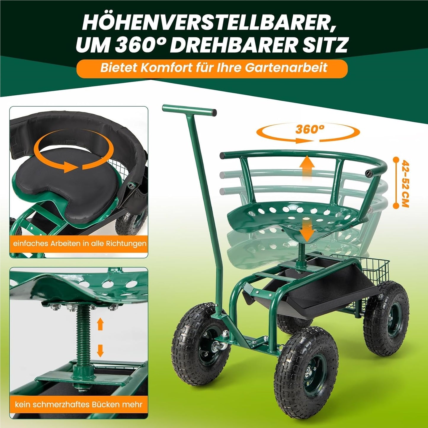 Tuinstoel – Tuinstoelen – Tuinwagen – Tuinmeubel – Tuinkruk – 360° Draaibaar – In Hoogte Verstelbaar – Met Wielen – Met Opbergruimte – Met Kussen – Max 150 kg – Groen Metalen Frame
