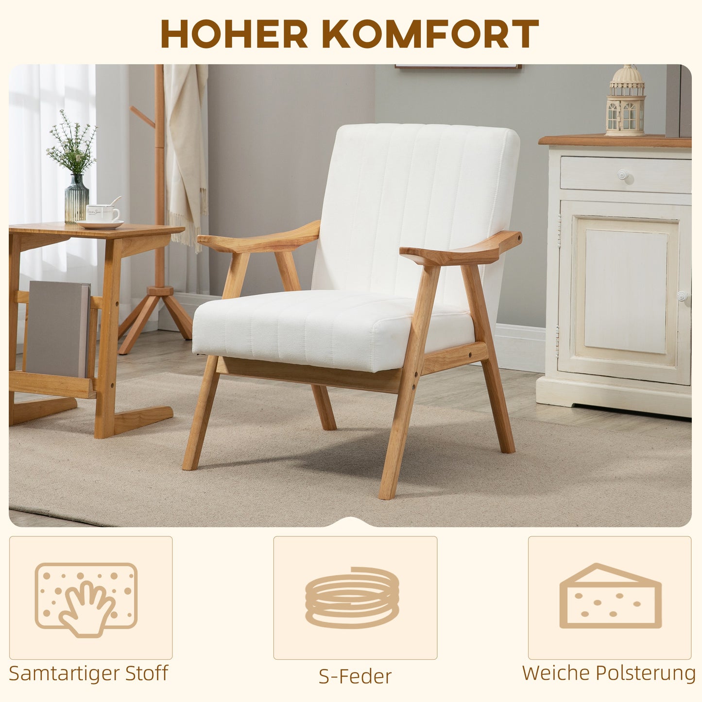 Fauteuil – Armstoel – Relaxstoel – Loungestoel – Designstoel – Scandinavisch Design – Velvet Bekleding – Massief Houten Frame – 68x74x82 cm – Crème Kleur