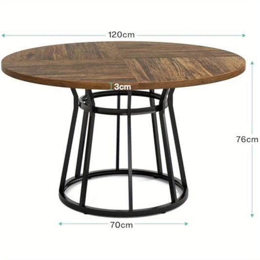 Eettafel – Ronde Tafel – Keukentafel – Eetkamertafel – Tafeltje – 120 cm Diameter – Bruin Houten Blad – Zwart Metalen Onderstel – Verstelbare Voeten – Vintage Design