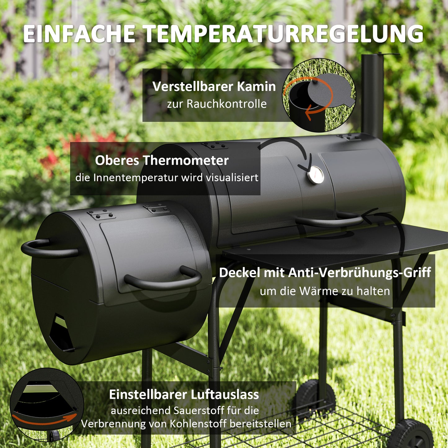 Houtskoolbarbecue – Barbecue – Smoker – Grill – Kogelbarbecue – Staal – Met Deksel en Thermometer – Verstelbare Luchttoevoer en Wielen